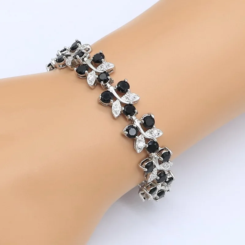 Personalized Black Semi-precious Stones 925 Silver Jewelry Sets For Women Bracelet Necklace Pendant Earrings Ring Birthday Gift
