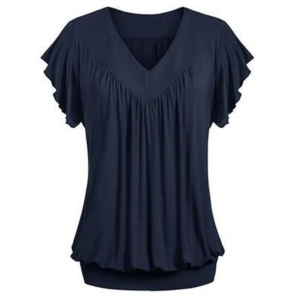 Plus Size Fashion Women Ladies Solid Pleated V Neck Tops Short Sleeve Shirts Loose Blouses Tunic Tops Summer Blouse Female Blusa