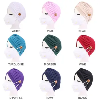 

Women Solid Color Hijab Bonnet Hat with Wooden Button Mask Holder Twist Knotted Anti-Tight Ear Protection Turban Cap