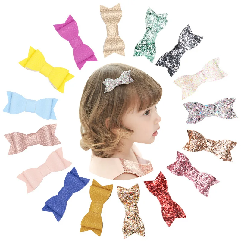 

80306 Embossed Leather Leather Barrettes Shimmering Powder Sequin Glitter Barrettes Girls Bow Handmade Side Clip