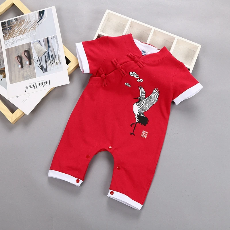 Новогодняя одежда в китайском стиле праздничная одежда для малышей комбинезон для новорожденных девочек и мальчиков с красной короной, Детский комбинезон с вышивкой, подарок для ребенка