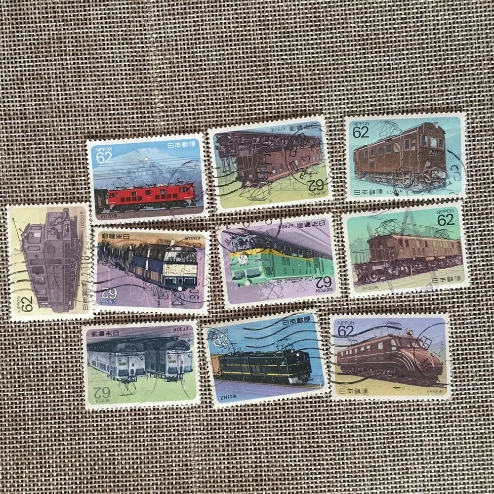 10Pcs/Set Japan Post Stamps Electric Train 1990 Used Post Marked