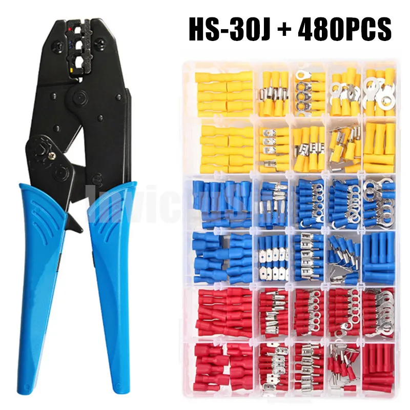 

480PCS Spade Terminals Insulated Cable Connector Electrical Wire Crimp Butt Ring Fork Set Ring Lugs Rolled Crimper Plier Kit