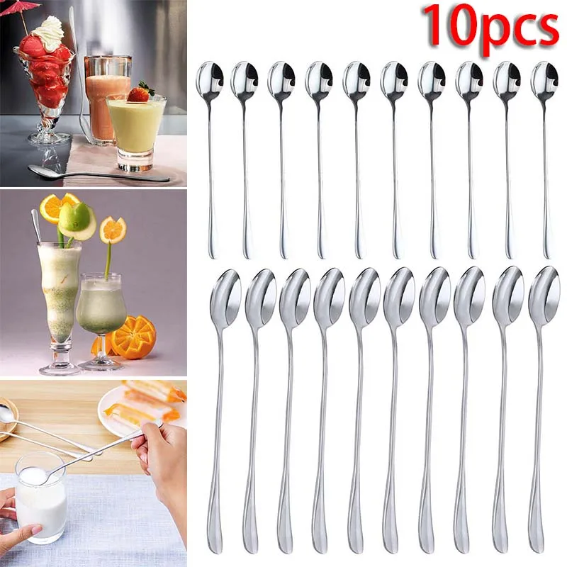 

10pcs Long Handle Coffee Spoons Tea Ice Cream Stirring Spoon Stainless Steel Stylish Kitchen Supply Home Party Decorations