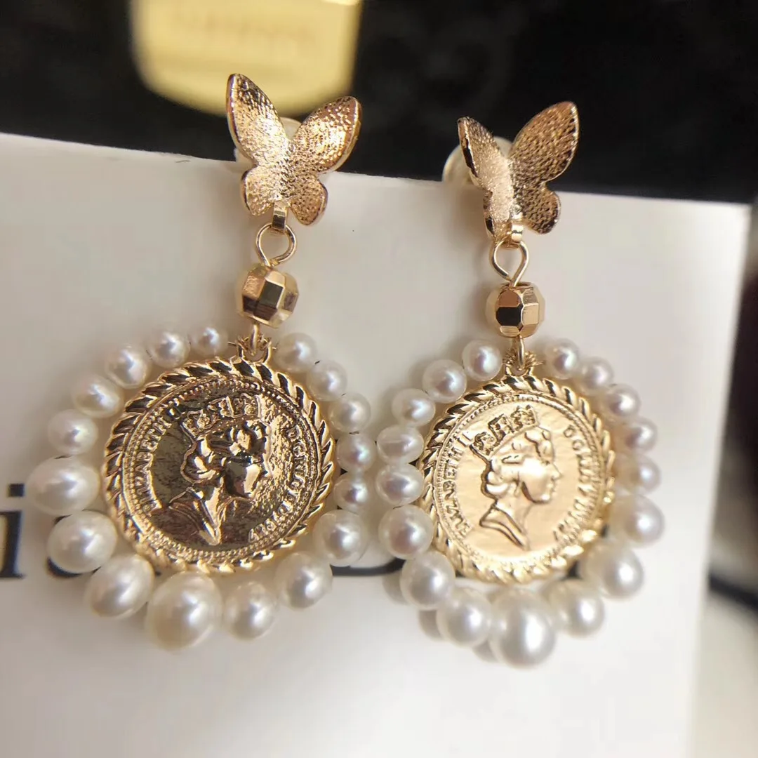 

Butterfly Home INS-Style Gold Coin Design 14k Gold 2.5-5 round Glare Virgine Pearl Earrings Qres97l97aji