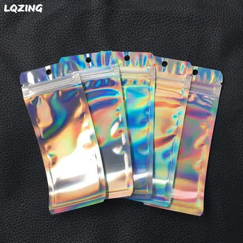 

80pcs One Side Clear Holographic Laser Long Aluminum Foil Jewelry Zip Lock Bags 6*15CM Flat Ziplock Plastic Bag With Hand Hook