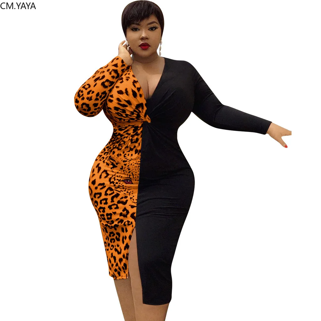 Осенний женский леопардовый принт пэтчворк v-образный вырез Bodycon Midi платье Сексуальное вечернее с длинным рукавом сплит Туника талия платья Vestido GL6309