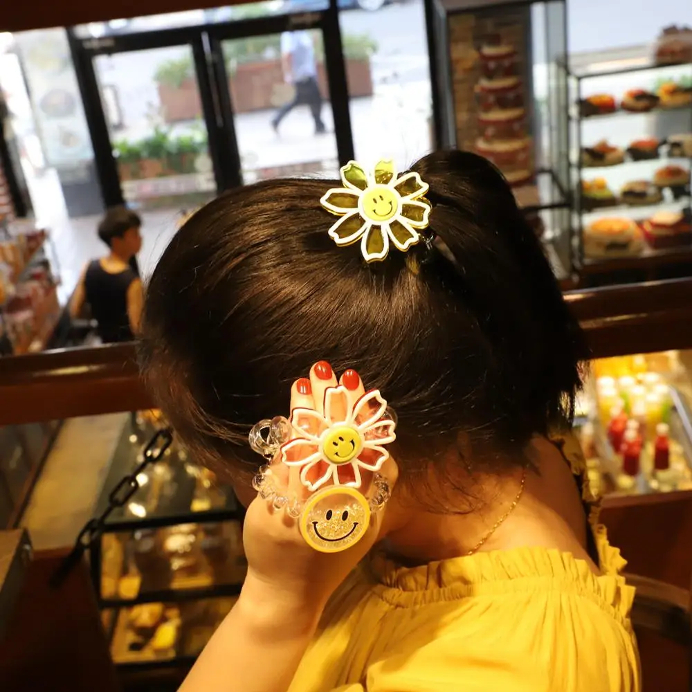 New 1pcs/bag Cute sun flower smiley phone line hair circle Candy Color Elastic Hair Rope Girl Ponytail Hair Accessories