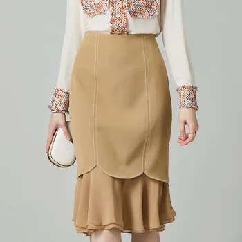 

Spring Ruffles Midi Skirts Khaki Pencil Mermaid Skirt High Waist Office Ladies Work faldas tutu Women Business Bottoms Elegant