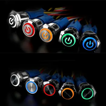 

16mm metal push button switch power button LED light Waterproof Flat circular self-lock self-reset button 3v 12v 24v 110v 220v