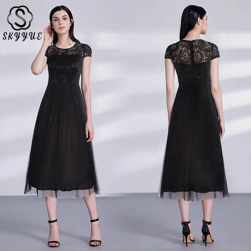 

Skyyue Lace Short Sleeve Zipper Robe De Soiree Formal Gowns O-neck Chiffon Elegant Evening Dress Women Party Dresses 2019 C467