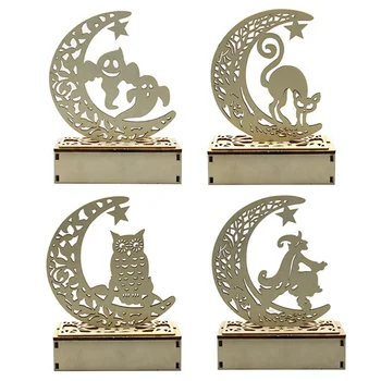 

High Quality Halloween Wooden Decor Witch Moon Craft With LED Light For Party Home Wooden Halloween LED Lights Tools