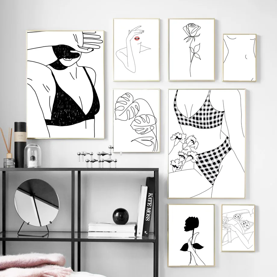 

Modern Minimalist Line Girl Rose Wall Art Canvas Painting Nordic Posters And Prints Abstravt Art Wall pictures For Living Room
