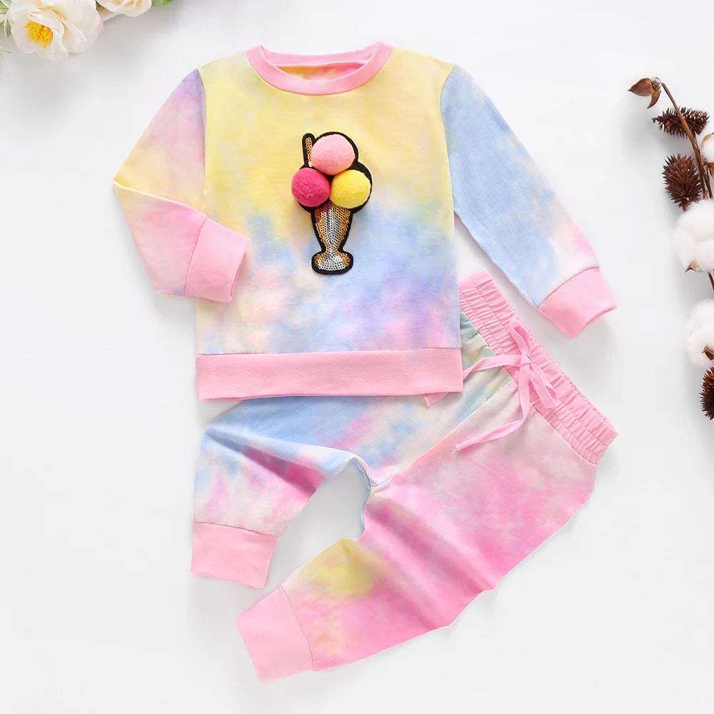 

Baby Girls Tie Dyed Colorful Outfits 2pcs Set Long Top+Pant Ice Cream 3D Funny Round Neck Cotton Newborn Infant Autumn Clothes