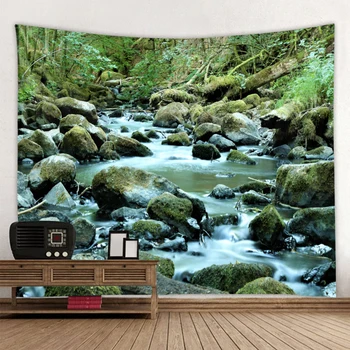 

Woods tapestry green forest pebbles waterfall creek tapestry covered rock living room bedroom wall hanging