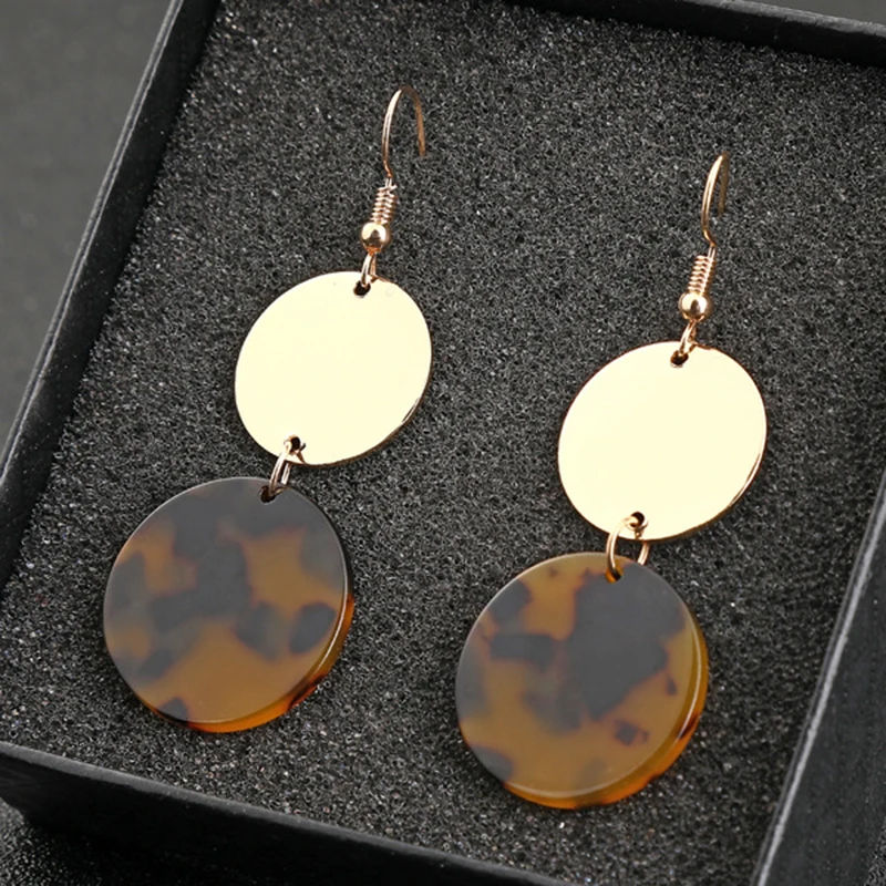 

New Fashion Tortoise Color Leopard Print Acrylic Acetic Acid Sheet Geometric Circle Square Long Drop Earrings for Women