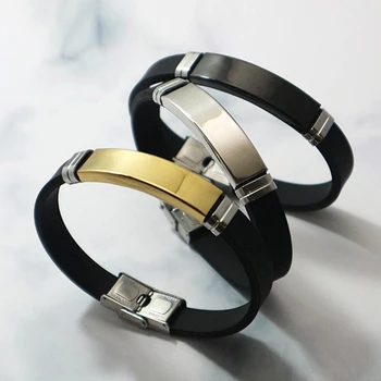 

Wonlife Silver Color Titanium Stainless Steel Black Silicone Bracelet Bangle for Men Jewelry Christmas Gift