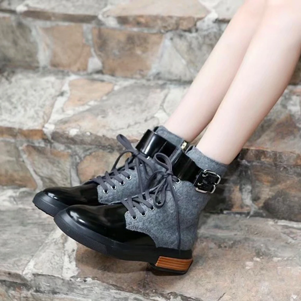 

Autumn and winter women's woolen cow patent leather stitching belt buckle boots ladies side zipper bow tie tube fashion boots