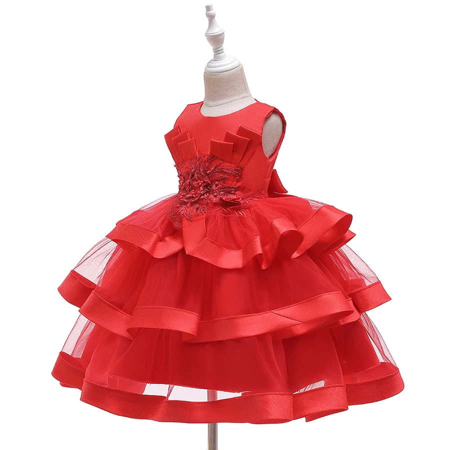Шикарный цветок свадебное платье элегантная принцесса лента для платья сторона торт платья для девочек осень детская одежда
