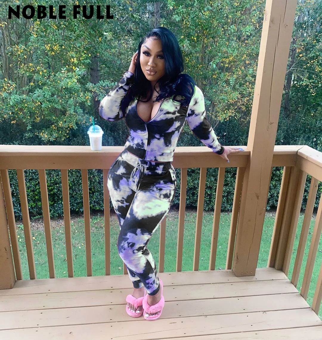 

Tie Dye Print Casual Two Piece Set Turtleneck Zipper Long Sleeve Jacket Pencil Pants Streetwear Active Sports Tracksuit