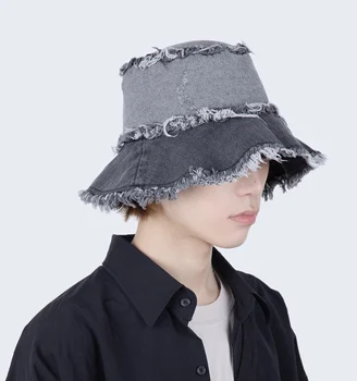 

Yyun Distressed Denim Bucket Hat Frayed Washed Jeans Cap for Women Unisex Packable Fishing Hat Color Block Fringe Brim Sun Hats