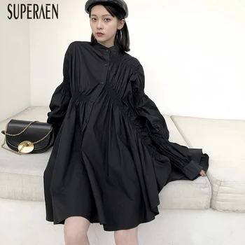 

SuperAen Puff Sleeve Shirt Dress Women Spring and Autumn 2020 New Ladies Dress Solid Color Long Sleeve Women Clothing