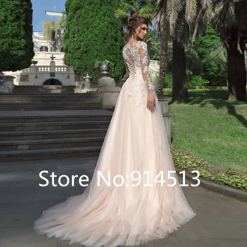 Vestidos de Casamento de Mangas Tule de Laço Apliques de Renda de Noiva Comprimento do Comprimento Compridas Renda Botão Traseiro 3 R516-1_??
