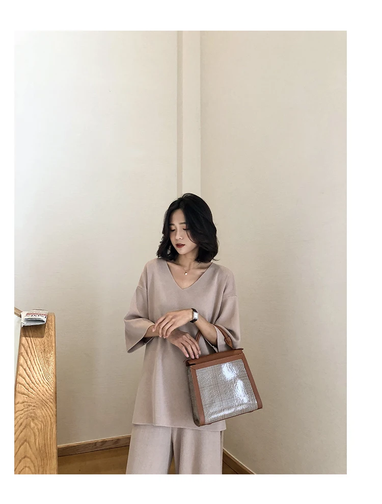 Aseven knitted suits female easing of autumn new fund split wide-legged pants twinset sweater big yards