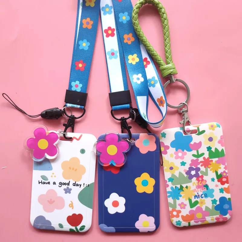 Women Fashion Badge ID Card Holder Lanyard Card Cover Student Cute Unicorn Beautiful Flowers Campus Identity Card Cover Name Bag