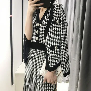 

Korean Autumn 2 Piece Set For Women Long Sleeve Knitted Tweed Cardigan+V Neck Sleeve A Line Dress Set Vintage Warm Tweed Jacket