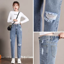 Pengpious Изношенные стирка против морщин пескоструйная обработка с Джинсы с прорехами для школьницы на резинке, отделка из овчины, на талии женские джинсы