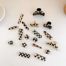 

Hot Sale Stylish Black White Checkered Hair Claw Clip Geometric PVC Duckbill Clip For Women Girls Hair Accessories