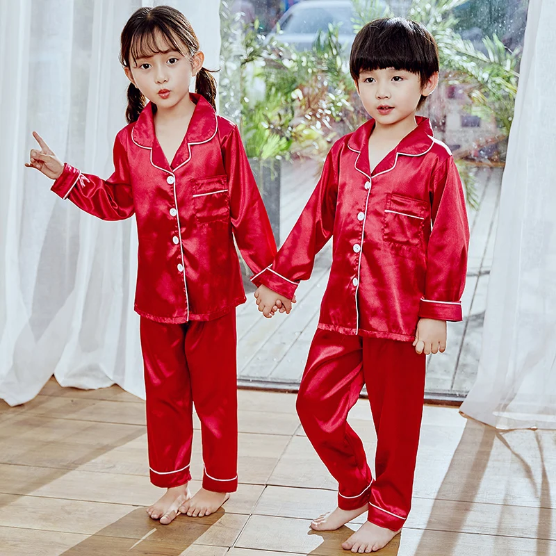 Детские пижамы для девочек комплект осень-зима Поддельные Шелковый цветок детская одежда для сна с v-образным вырезом с длинным рукавом t-рубашка кофта Удобная ночная рубашка для мальчиков длинные брюки - Цвет: C HT hong