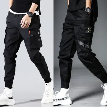 

Men's Side Pockets Harem Pants 2020 Autumn Hip Hop Casual Ribbons Design Male Joggers Trousers Fashion Streetwear Pant Black