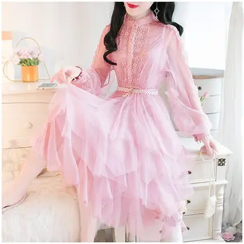 

COIGARSAM 2020 New Stand Collar Long Sleeve Lace Transparent High Waist Layered Cake Sweet Midi Dress Vestidos