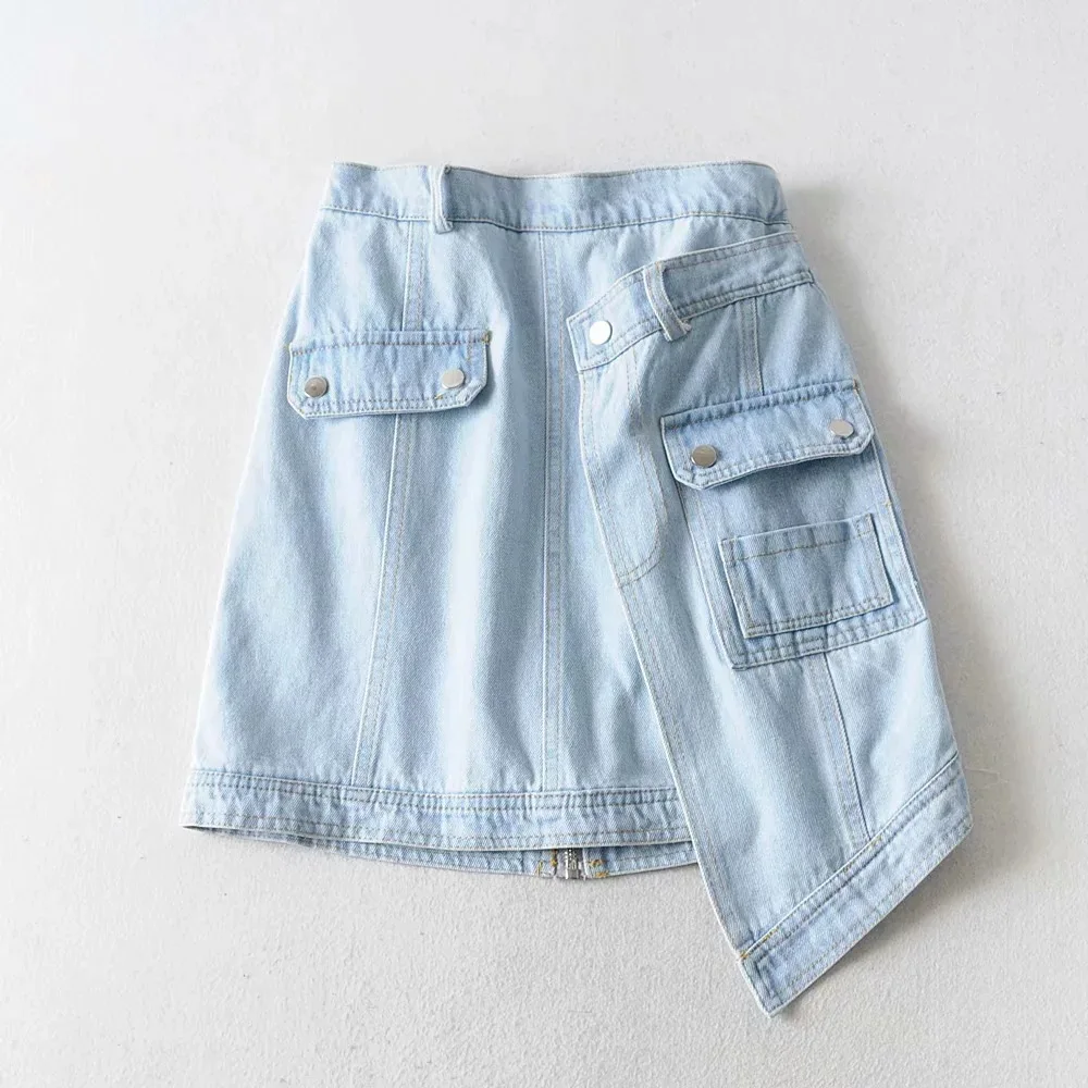 

Western Style Oblique Placket Denim Skirt Women's Asymmetric Skirt Summer New Style INS Elastic Waist Zipper Denim Skirt