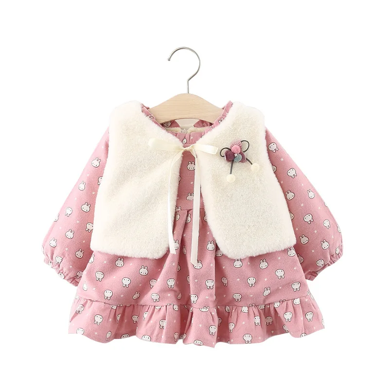 Детская одежда; коллекция года; зимнее платье с принтом кролика для девочек; бархатное платье с жилетом;