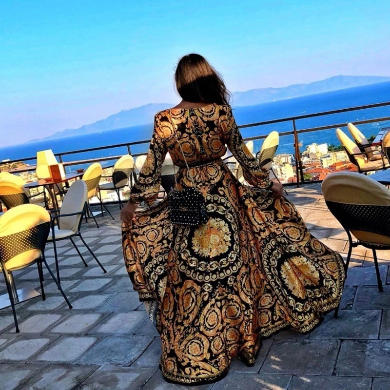 Women Retro Dresses Bohemian Floral Print Gold Color Deep V Neck Womens Maxi Dress Sexy Paisley Female Party Dress Robe Clubwear