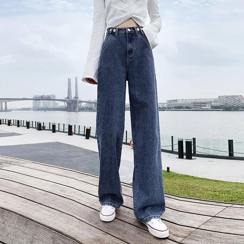 

Blue/Black Vintage Jeans Woman High Waist Wide Leg Straight Loose Denim Pants with Button Fashion Harajuku All-match Streetwear