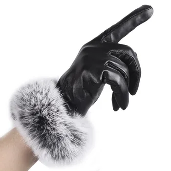 

winter women gloves Fashion Warmer Women Lady Black Leather Gloves Autumn Winter Warm Rabbit Fur Mittens K924