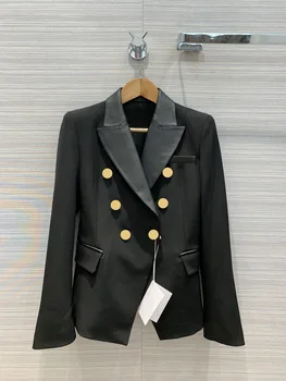 

High Quality Blazer Coat 2020 Early Autumn Women Luxury Brand Temperament Simple Contrast Stitching Double Breasted Waist Blazer