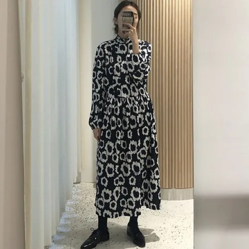 

Women Long Autumn Spring Floral Dress Vintage Long Sleeve Stand Collar High Waist Loose Sukienka Midi Party Vestidos Mujer