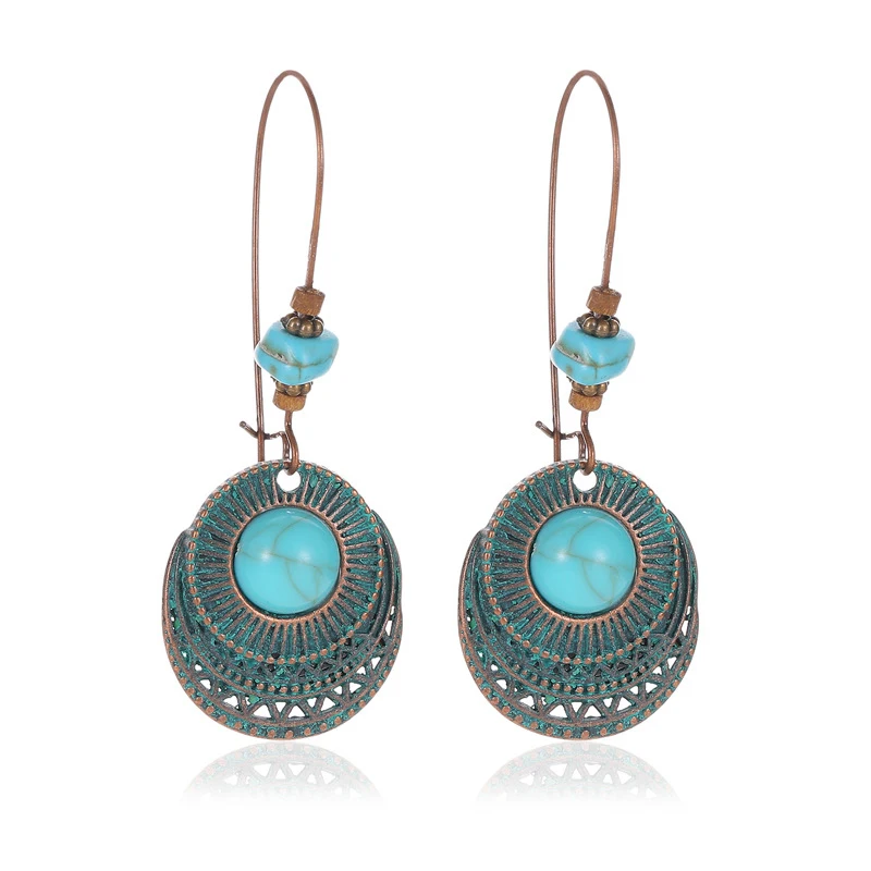 Modyle Fashion Vintage Tibetan Silver Natural Turquoises Earring Blue Stone Water Droplets Dangle Earrings for Women Boho - Окраска металла: E02170