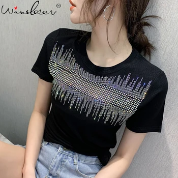 

Korean Summer T-shirt Women Casual Cotton Short Sleeve Tee-Shirts Chic Diamonds Female Tops Women 2020 New Fashion S-3XL T04713B