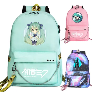 

New Cute Hatsune Miku Prints Boys Girls Kids School Bag Women USB Chain Travel Backpack Canvas Men Bagpack Packsack Bookbag