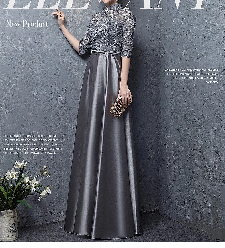 Silver Gray Satin Half Sleeves Mother of the Bride Dresses 2020 Wedding Party Guest Gowns 3D Flowers Lace Evening Mother Dresses