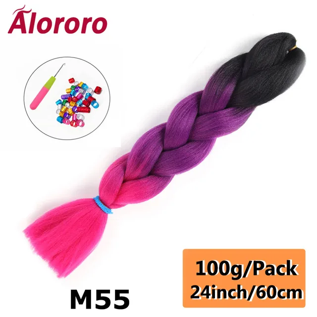 Alororo Synthetic Kanekalon Hair 24 Inch Ombre Extensions Hair for Braids Afro Blue Pink Purple Crochet Braiding Hair Wholesale 24inches-M55