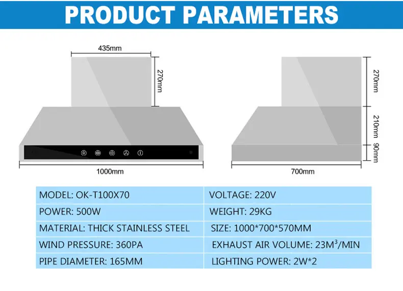 Коммерческая вытяжка из нержавеющей стали, вытяжка для кухни, 1 м, высокая мощность, нержавеющая сталь, большая вытяжка, бесшумная плита, OK-T100X70