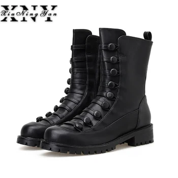 

Xiuningyan 2019 Fashion Leather Boots Woman Ankle Boots Round Toe Low Heels Platform Women's Martin Boots Ladies Casual Shoes