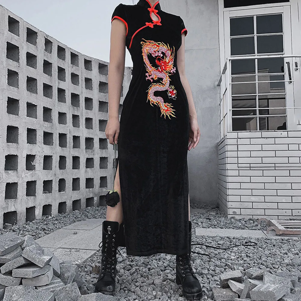 Женское платье в стиле ретро Cheongsam черные бархатные платья-вилки кантри | Женская